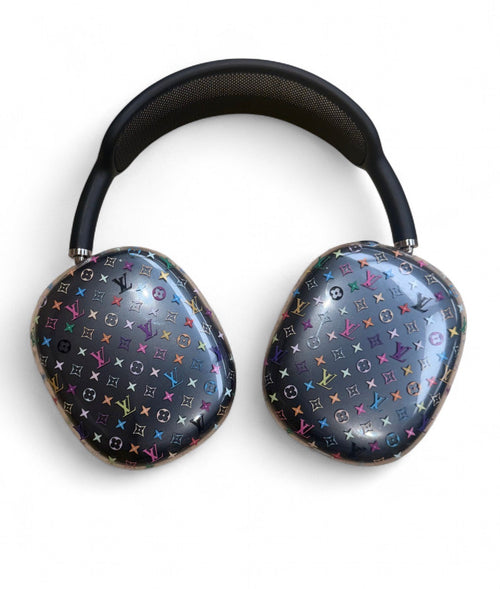 Designer headphones with a colorful pattern on a white background